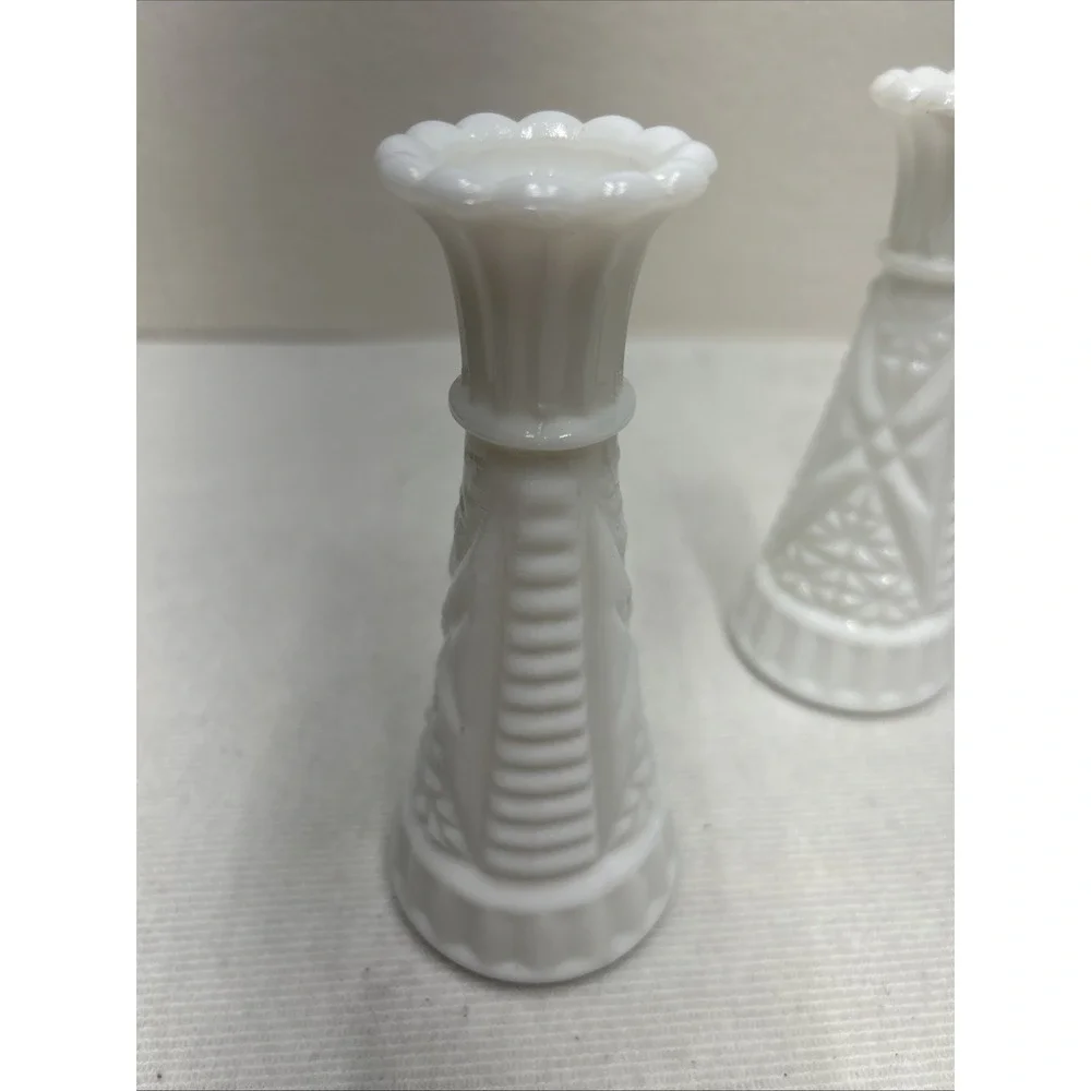 2 Vintage White Milk Glass Stars and Bars Flower Bud Vase 6